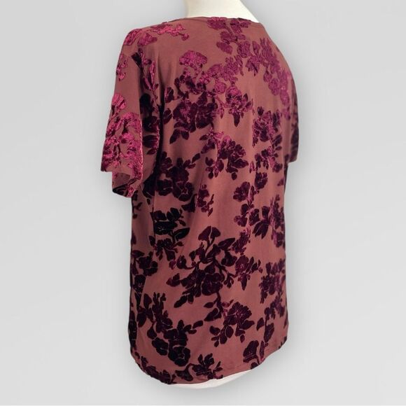 Vintage Velvet Floral Blouse, Large. Burgundy maroon semi sheer t-shirt top - Picture 4 of 13